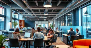 A vibrant coworking space in Fortitude Valley filled with professionals working together.
