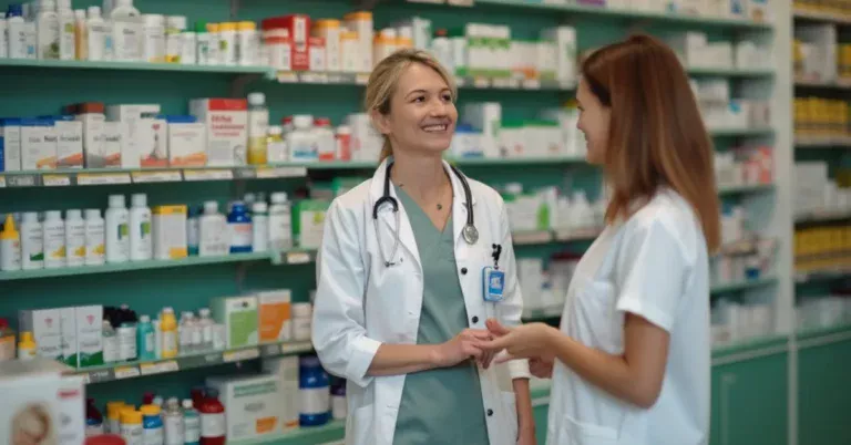 A friendly pharmacist assisting a customer in a Fortitude Valley chemist.
