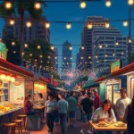 A lively street food scene in Fortitude Valley showcasing diverse dishes and busy stalls.