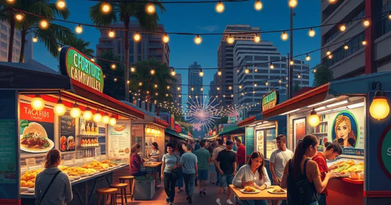A lively street food scene in Fortitude Valley showcasing diverse dishes and busy stalls.